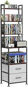 DVD Storage, Mutli 7-Tier DVD Storage Rack and Shelving, DVD Dispaly Shelf, CD Rack Tower for DVDs CDs Book Organizer with Drawers, Media Shelf, Manga Bookshelf for Gaming Media Moive Room