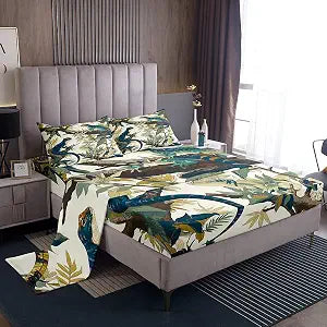 Manfei Lizard Kids Sheet Twin Size,Tree Branches Botanical Leaves Bedding Set,Boys Girls Room Decor,Wildlife Reptile Animals Rustic Blue Green Retro Bed Sheet Set 3pcs(Fitted + Flat + 1 Pillowcase)
