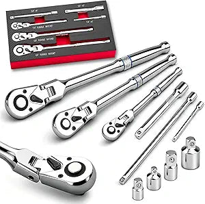 10 Piece Flex Head Ratchet Set, 1/4", 3/8", and 1/2" Drive Ratchet Wrenches with Extension Bars, Adapters, and 72-Tooth Quick-Release Design