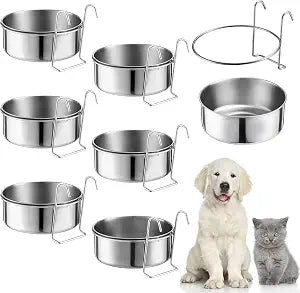 mumufy 6 Pieces Stainless Steel Hanging Water Bowls with Holder Detached Anti Spill Pet Metal Bowl Cage Kennel Crate Food Bowl(16 x 6 cm)