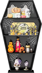 Gothic Coffin Bookshelf, 4-Tier Black Wooden Bookshelf with White Spider Web Decor, 48 Inch Tall Decorative Storage Shelf for Living Room, Bedroom, Home Decor
