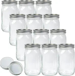 Jumterlee Wide Mouth Mason Jars 32 oz 12Pcs, Canning Jars with Airtight Lids and White Plastic Mason Jar Lids with Silicone Rings for Overnight Oats, Food Storage, Dry Food, Snacks, Candies and More