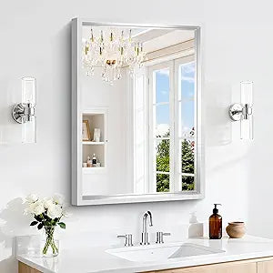 30x22 Silver Bathroom Mirror, Brushed Silver Rectangular Mirror for Wall, 0.6" Thickened Deep Frame Mirrors for Bathroom Sink, Shatterproof Tempered Glass, Antirust, Horizontally or Vertically