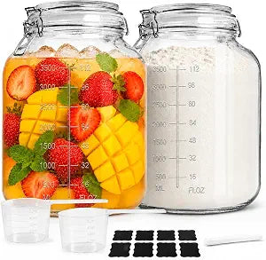 1.1 Gallon Glass Food Storage Containers with Airtight Lids, 2 Pack Large Flour Sugar Storage containers, Wide Mouth, Scoops, 8 Labels Included, Mason Jar for Pantry Organization, Pickling, Leak Proof