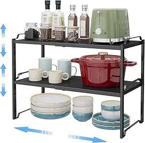 2 Pack 11 Width Expandable Kitchen Cabinet Organizer Shelves, Metal Kitchen Countertop Organizers and Storage Shelving, Heavy Duty Stackable Storage Rack Shelf For Pantry Cupboard Counter Tabletop