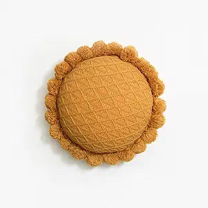 Acrylic Knitted Round Throw Pillow Knitting Bohemian Circular Cushion Pillow with Knit Handmade Pompoms Decorative Warm Orange, Diameter 18inches