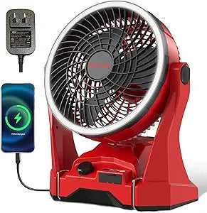 Fan for Milwaukee M18 Battery, Portable Jobsite Camping Fan with Infinite Speed Control, 3-Level Ring Light, USB-C and USB Charging, Hook, Handle, 180┬░ Tilt for Outdoor Use, Battery Not Included
