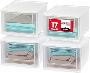 IRIS USA 17 Qt. Medium Plastic Stacking Drawer, Stackable Storage Organizer Unit with Sliding Drawer for Bedroom Kitchen Under Sink Pantry Craft Room Dorm Office, White, 4-Pack