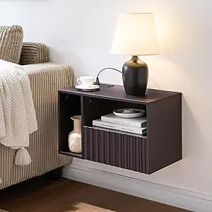BuildHom Modern Espresso Fluted Floating Nightstand with Charging Station, NightStand with Drawers, Bedside with USB Ports and Outlets, Bedroom Furniture (Left)