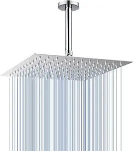 Voolan Rain Shower Head with Arm and Flange, High Flow Ceiling Rainfall Showerhead Made of All Metal Stainless Steel, Waterfall Full Body Coverage (12 Inch, Chrome)