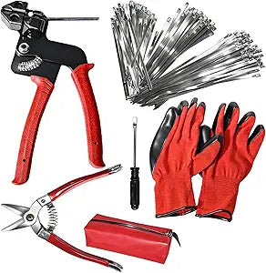 155PCS Stainless Steel Cable Tie Gun Kit Heavy Duty Metal Zip Tie Tool Set with Cable Cutter & 150PCS Stainless Steel Zip Ties Heavy Duty Outdoor For Chain Link Fence Exhaust Wrap