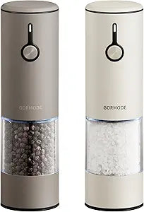 Stainless Steel Rechargeable Electric Salt and Pepper Grinder Set USB Charging, One-Hand Electric Mill, Adjustable Coarseness, LED Light & Dust Cover 2pack(Greige & Buttercream)