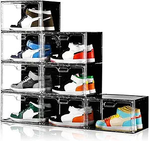 Amllas New 8 Pack Shoe Boxes Stackable, Large Shoe Storage Organizer with Lids,Drop Side Shoe Containers for Entryway,Sneaker Storage Fit up to US Size 13 for Men/Women(13x 10.6x 8.3)
