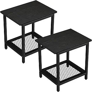 2-Tier Outdoor Side Table with Storage, Weather Resistant Patio End Table, HDPS Small Accent Table for Deck, Garden, Pool, Backyard, Black 2pcs