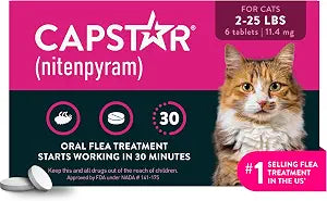 Capstar (nitenpyram) Cat Flea Treatment, Fast-Acting Oral Flea Treatment for Cats 2-25 lbs, Vet-Recommended Medication Tablets Start Killing in 30 Minutes, 6 Doses