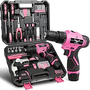 JENABOM Pink Tool Set - 12V Cordless Drill Kit, 151 Piece Home Tools Set With Power Drill, Tool Kits for Men & Women, Perfect for Homeowner, Diyer, Handyman