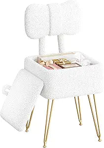 Small Vanity Chair with Storage and Folding Back, 14.2" D x 12.6" W x 28.3" H Soft Storage Ottoman, Footrest Stool, Teddy Fleece Vanity Stool for Makeup, Bedroom, Living Room, White