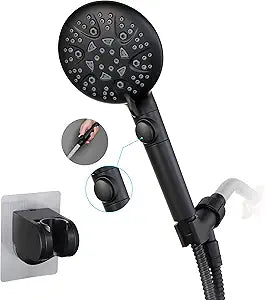 High Pressure 8-mode Handheld Shower Head with On Off Switch and Long Hose & Bracket PLUS Extra Adhesive Holder for Lower Mount,Built-in Power Wash to Clean Tub,Tile & Pets,Black