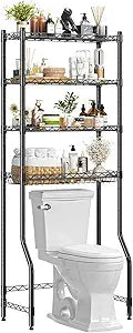Simple Trending 4 Tier Over The Toilet Storage Rack, Bathroom Organizers and Storage Over Toilet with Adjustable Shelf and Basket, (Black)