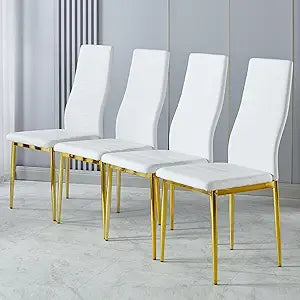HRVEOCEI White Dining Chairs Set of 4 with Gold Legs,Metal Kitchen Chairs Armless,Modern Kitchen Chair Set of 4 for Dining Room,High Back Dining Room Table Chair for Restaurant,Cafe (White)