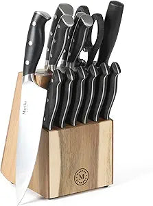 Martha Stewart Greeley Forged High Carbon Stainless Steel 14 Piece Knife Block Set, Black Kitchen Knife Set with Acacia Wood Block, Chef Knife, Bread Knife, Steak Knives