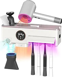Toothbrush Cleaner and Holder for Bathrooms Wall Mounted with Fan Drying&30min Timing Function Cruise Air Drying,Electric Toothbrush Holder with 4Toothbrush Slots,Toothpaste Dispenser with Led Smart