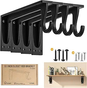 Closet Rod Brackets Heavy Duty Support 400 lbs WYGWP 10 inch Wall Mounted Closet Shelf Brackets with Rod Holder for Closet, Bathroom and Kitchen (4pack Black)