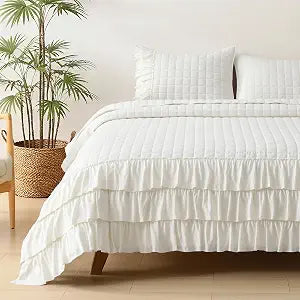 HORIMOTE HOME Cream Ruffled Quilt Set Queen Size, Classic Geometric Square Stitched Pattern, Pre-Washed Farmhouse Shabby Chic Microfiber Lightweight Bedding Set Bedspread Coverlet for All Season