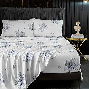 HYPREST Blue Floral Bed Sheets Cal King Size, 18 inches Deep Pocket Sheets 1800 Thread Count, 4 Pieces Sheet Set Soft Breathable Farmhouse Sheets Shabby Chic Bed Sheets,Oeko-Tex Certificated