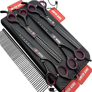 7.0 inches Professional Dog Grooming Scissors Set Straight & thinning & Curved & Chunkers 4pcs/3pcs in 1 Set (with Comb) Right-handed or Left-handed for Dog & Cats (Righ-Handed 4 pcs set with comb)