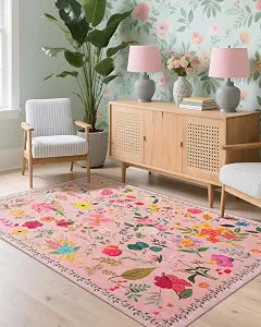 Boho Washable Area Rug 4x6 Floral Low Pile Non-Slip Carpet for Living Room, Bedroom, Office, Playroom, Entryway, Kitchen, Dining Room (Pink)