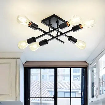6-Light Semi Flush Mount Ceiling Light Fixture, Industrial Black Close to Ceiling Lighting, Modern E26 Base Sputnik Chandelier Ceiling Lamp for Kitchen Bedroom Living Room Hallway