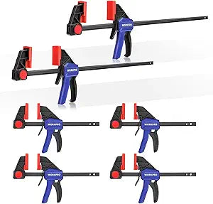 WORKPRO Bar Clamps for Woodworking, 6-Pack One-Handed Clamp/Spreader, 6-Inch (4) and 12-Inch (2) Wood Clamps Set, Light-Duty Quick-Change F Clamp with 150 lbs Load Limit Blue