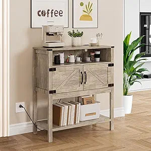 M METERXITY 31.5" W Coffee Bar Cabinet with Outlets, 2-Door Farmhouse Console Table Sofa Storage Cabinet Narrow Buffet Sideboard for Kitchen, Pantry, Entryway, Hallway, Dining (Light Oak)