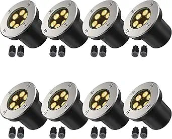 JESLED Low Voltage Landscape Lights, 6W LED Well Lights IP67 Waterproof, 3000K Warm White In-Ground Lights with Wire Connectors for Pathway, Deck, Patio, Yard, Garden (8 Pack)