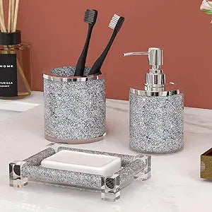 SHYFOY Bathroom Accessories Set, 3 Piece Silver Crystal Crushed Diamond Bathroom Accessory Decor Sets, Glass Bath Restroom Set Vanity Organizer Includes Soap Dispenser, Toothbrush Holder, Soap Dish