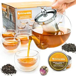 Kitchen Kite Glass Teapot Set with 4 Double Wall Tea Cups & Removable Stainless Steel Infuser, 35oz/1000ml Borosilicate Tea Kettle Stovetop Safe, Loose Leaf & Blooming Tea Maker Gift Set for Women