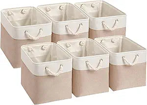 Mangata Canvas Storage Boxes, 13 Inch Cube Storage Bins Set of 6, Fabric Baskets with Cotton Rope Handle for Organizing Clothes Nursery Home (Khaki/White)