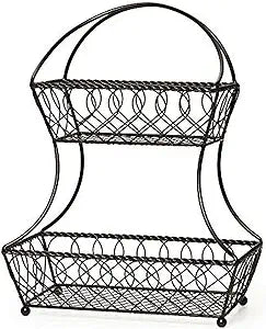 Gourmet Basics by Mikasa Loop and Lattice 2-Tier Flatback Metal Fruit Basket, Antique Black