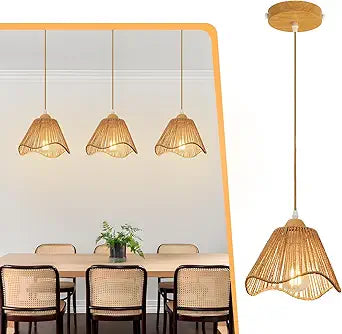 3 Pack Wave Rattan Chandelier Pendant Lights Kitchen Island,Farmhouse Boho Chandeliers Adjustable Height Hanging lamp for Dining Room,Kitchen Ceiling Light Fixtures Hand Woven Wicker Lampshade