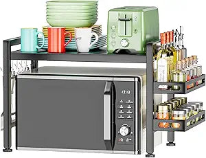 YIUKEA Extendable Microwave Oven Rack - Over Microwave Shelf Countertop 2 Tier Kitchen Microwave Stand (L15.7~23.6" xW12.8 xH17.7) with Spice Rack and 6 Hooks Black