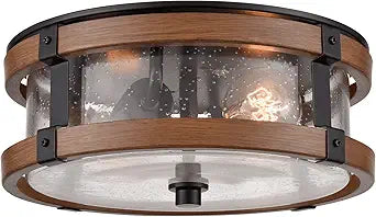 DEYNITE Farmhouse Ceiling Light Fixture 2-Light Drum Seeded Glass Shade Ceiling Light in Black & Rustic Wood Grain Finish for Hallway Entryway Bedroom
