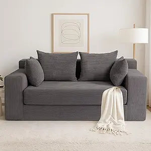 cidludto Convertible Sofa Bed, 3 in 1 Loveseat Folding Couch Bed Foldable - Boneless Couch & Floor Futon, Corduroy Pull Out Sofa Bed with 4 Pillows for Living Room, Grey