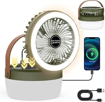 Solar Camping Fan with LED Light, 3 Speeds, Rechargeable