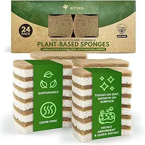 AIRNEX Natural Kitchen Sponges (24 Pack) - Biodegradable Cellulose & Coconut Scrubber Dish Sponge for Kitchen - Eco-Friendly, Non Scratch, Compostable, Non Toxic Natural Sponges for Dishes