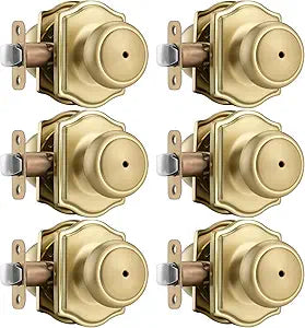 6 Pack Gold Door Knobs with Camelot Trim,Interior Door Knob with Lock,Coastal Privacy Door knob for Bath and Bedroom, Satin Brass