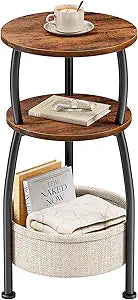 Round Side Table for Small Spaces with Storage Basket Small End Table 3-Tier Night Stand Sofa Corner Table for Living Room, Bedroom, Patio and More 24in Tall Rustic Brown