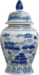 Red Lantern 18" Landscape Blue & White Porcelain Temple Jar