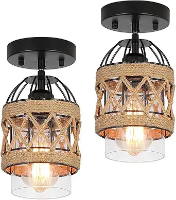 2 Pack Black Farmhouse Boho Semi Flush Mount Ceiling Light Fixtures,Hand-Woven Rattan Ceiling Light with Clear Glass Shade for Kitchen, Dining Room, Entryway, Bedroom Small Ceiling Lamp