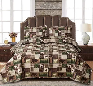 Reversible Lodge Plaid Bedding Moose Bear Quilt King Size Rustic Bedspread Cabin Coverlet Wildlife Forest Daybed Cover Summer Lightweight Bed Cover Pillow Shams